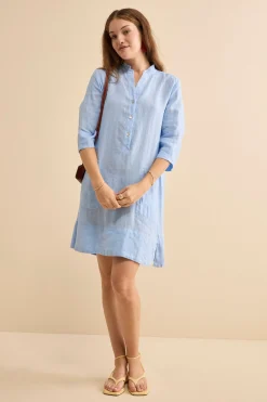 Abito Chemisier Midi in Lino con Collo Coreana - AZZURRO