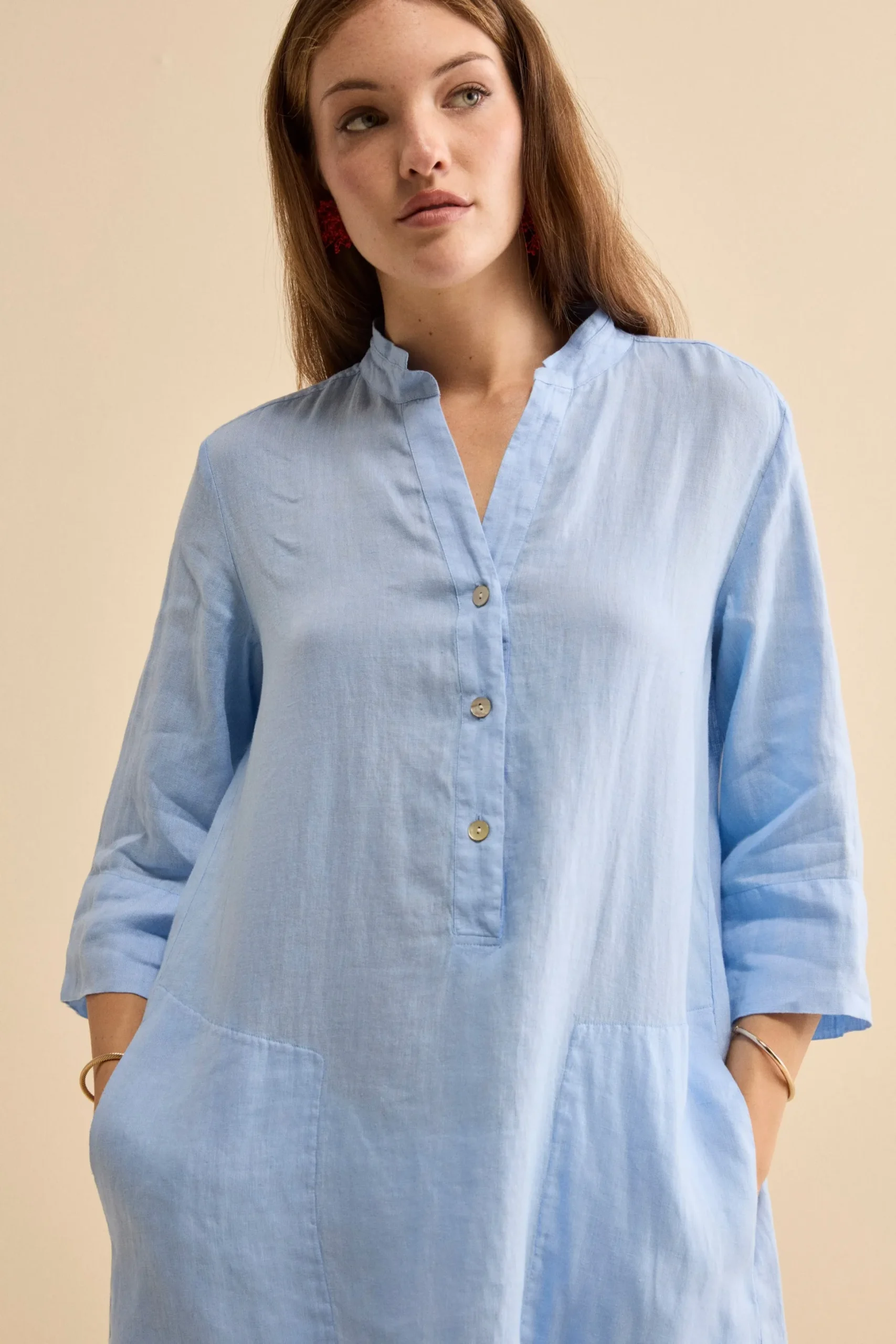 Abito Chemisier Midi in Lino con Collo Coreana - AZZURRO