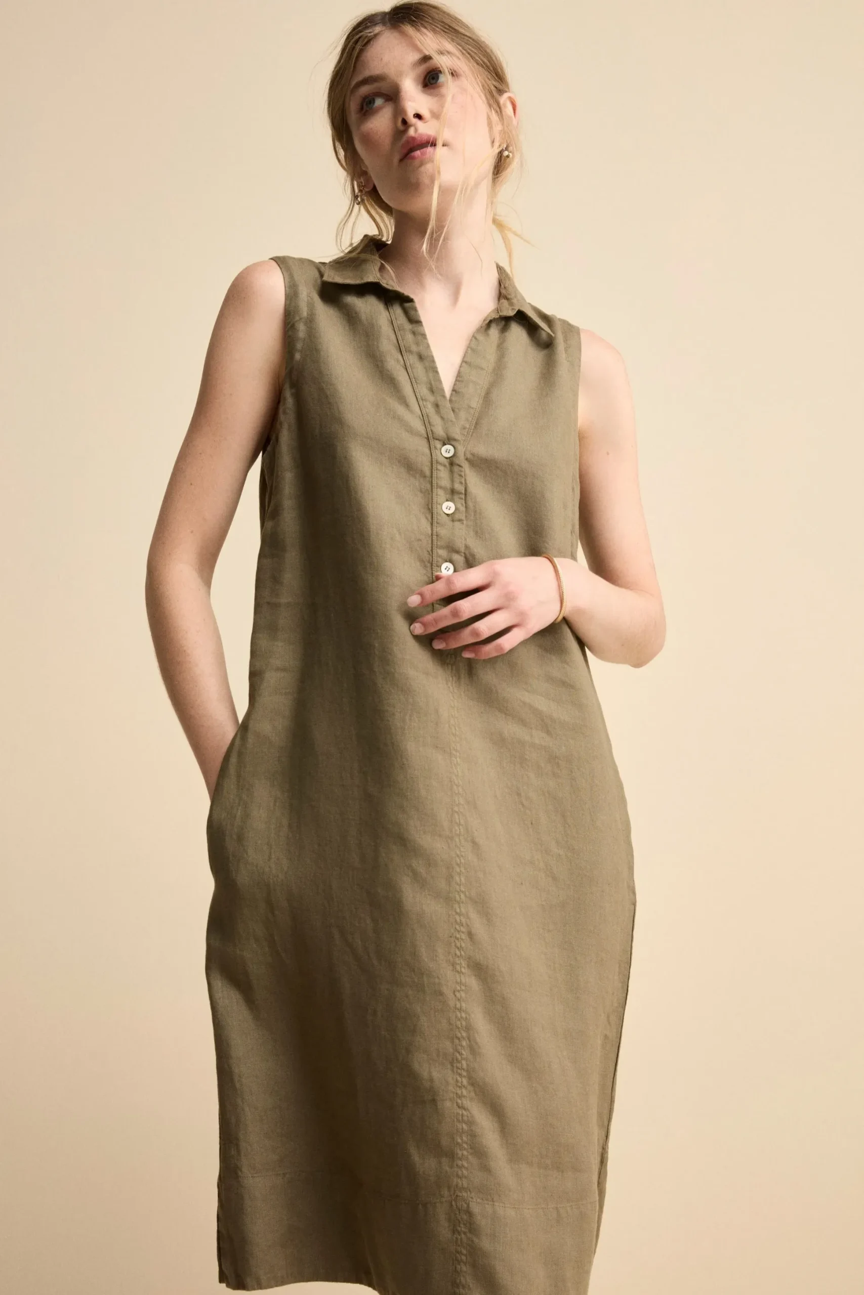 Abito Chemisier Smanicato in Lino - VERDE MILITARE