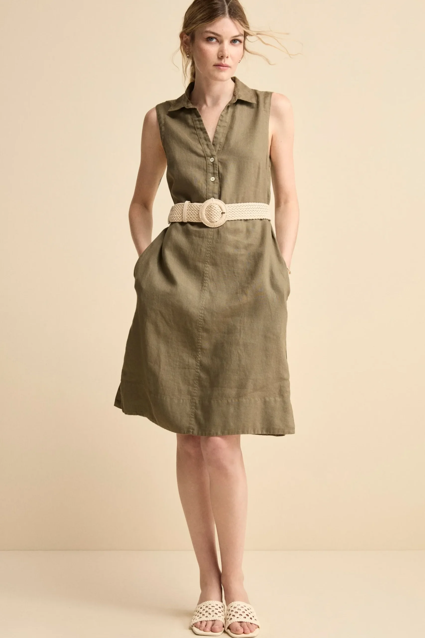 Abito Chemisier Smanicato in Lino - VERDE MILITARE