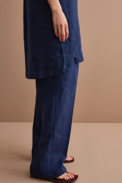 Abito Midi Smanicato Chemisier in Lino - NAVY