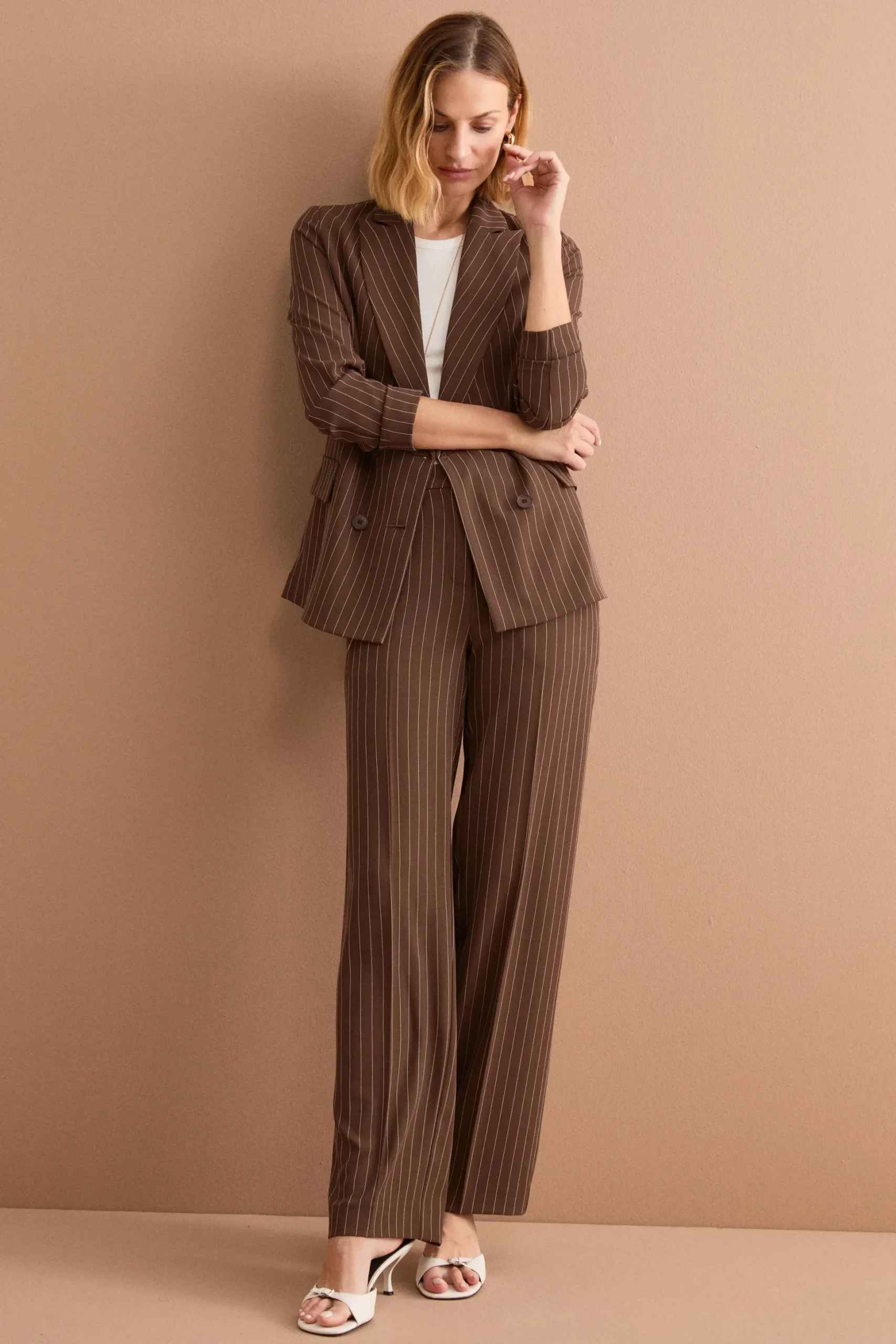 Blazer Cady Doppiopetto Gessato con Revers Punto Lancia - MARRONE GESSATO