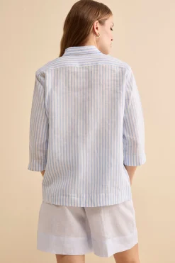 Camicia Boxy a Righe in Lino - AZZURRO RIGATO