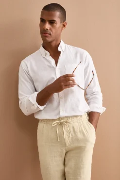 Camicia Button Down in Misto Lino Custom Fit - BIANCO