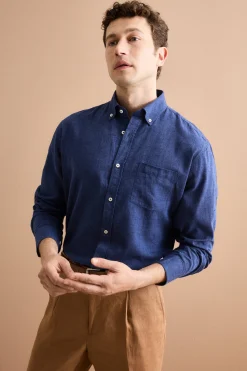 Camicia Button Down in Misto Lino Custom Fit - BLU