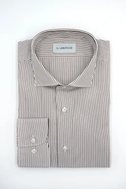 Camicia Fantasia Custom Fit in Cotone Dobby - MARRONE RIGATO