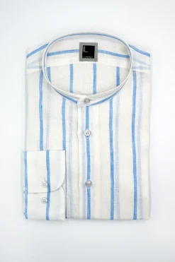 Camicia Lino Coreana Custom Fit - RIGATO BIANCO/AZZURRO