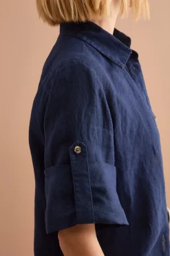 Camicia Over Cropped in Lino - NAVY