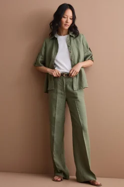 Camicia Over Cropped in Lino - VERDE MILITARE