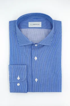 Camicia Twill in Fantasia Custom Fit - RIGATO MICRO BLU