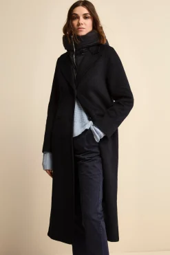 Cappotto Lungo in Misto Lana con Pettorina e Cappuccio - BLU