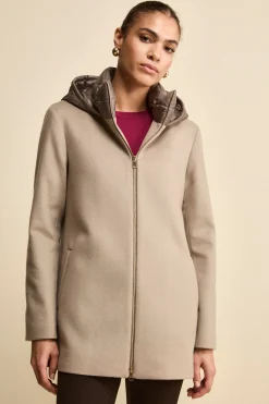Cappotto Midi in Lana e Cashmere con Zip e Cappuccio - NOCCIOLA