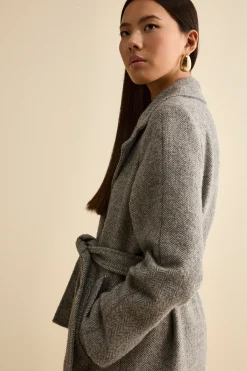 Cappotto Vestaglia con Cintura in Misto Lana - GRIGIO SPIGATO