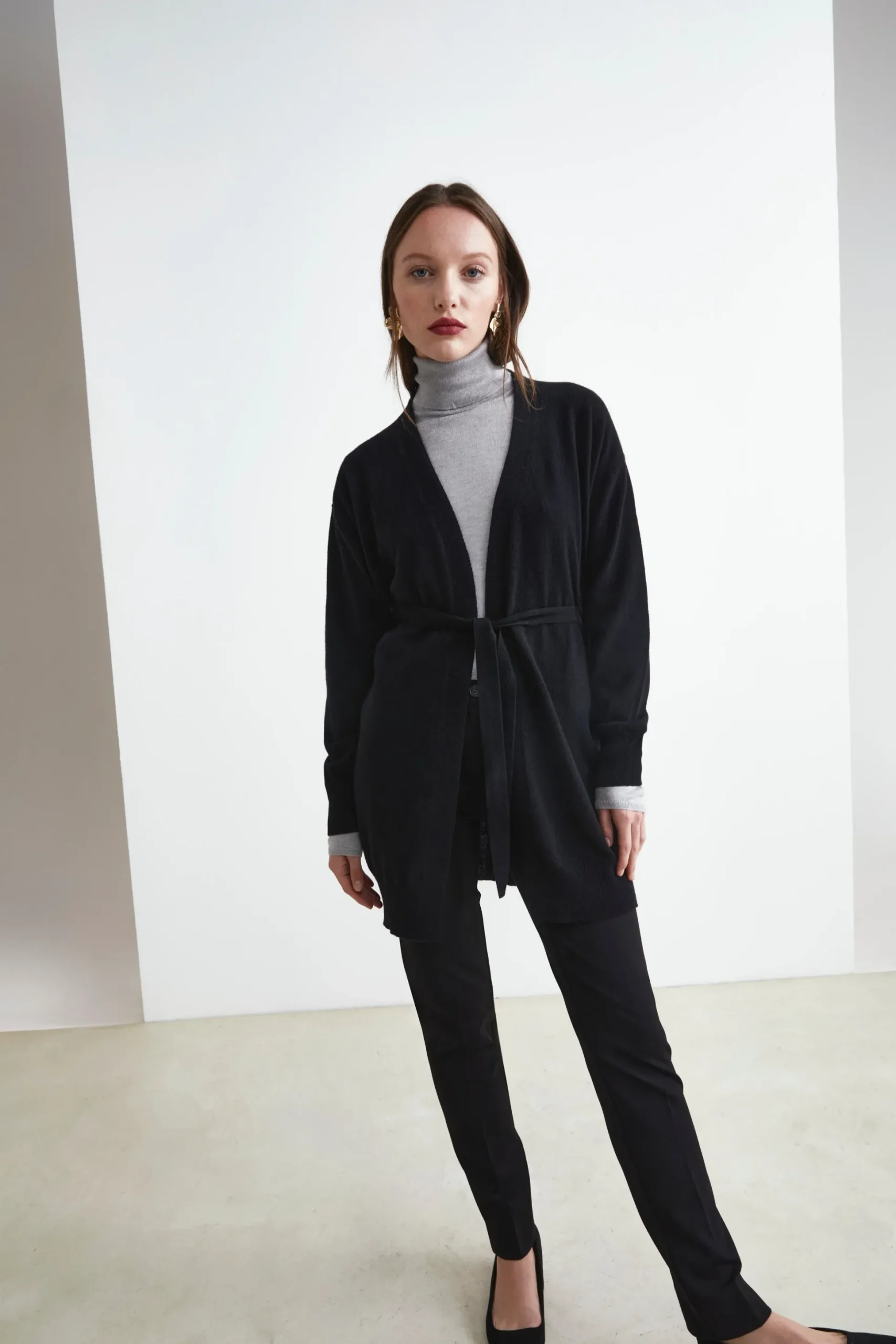Cardigan con Cintura in Lana e Cashmere - NERO
