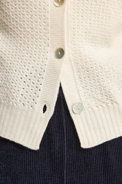 Cardigan in Lana Merino Traforato con Collo Coreana - ECRU