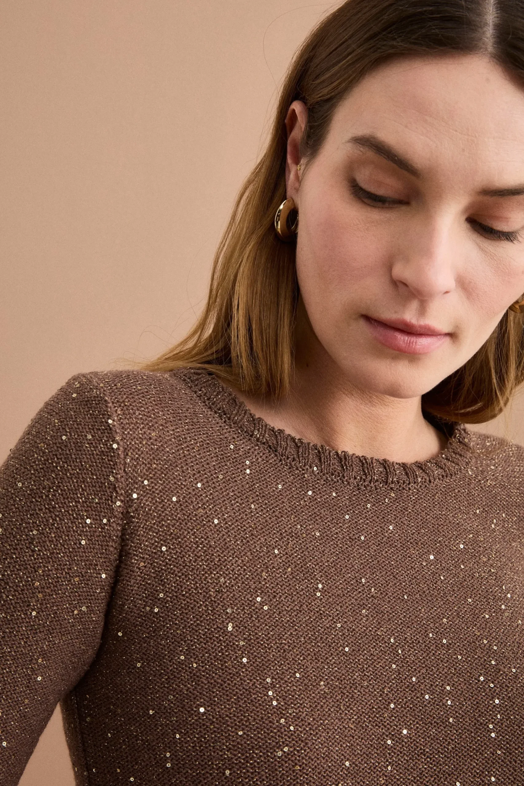 Maglia Barchetta in Cotone con Paillettes - TABACCO