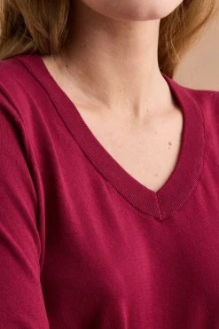 Maglia Boxy in Cotone con Scollo a V - BORDEAUX