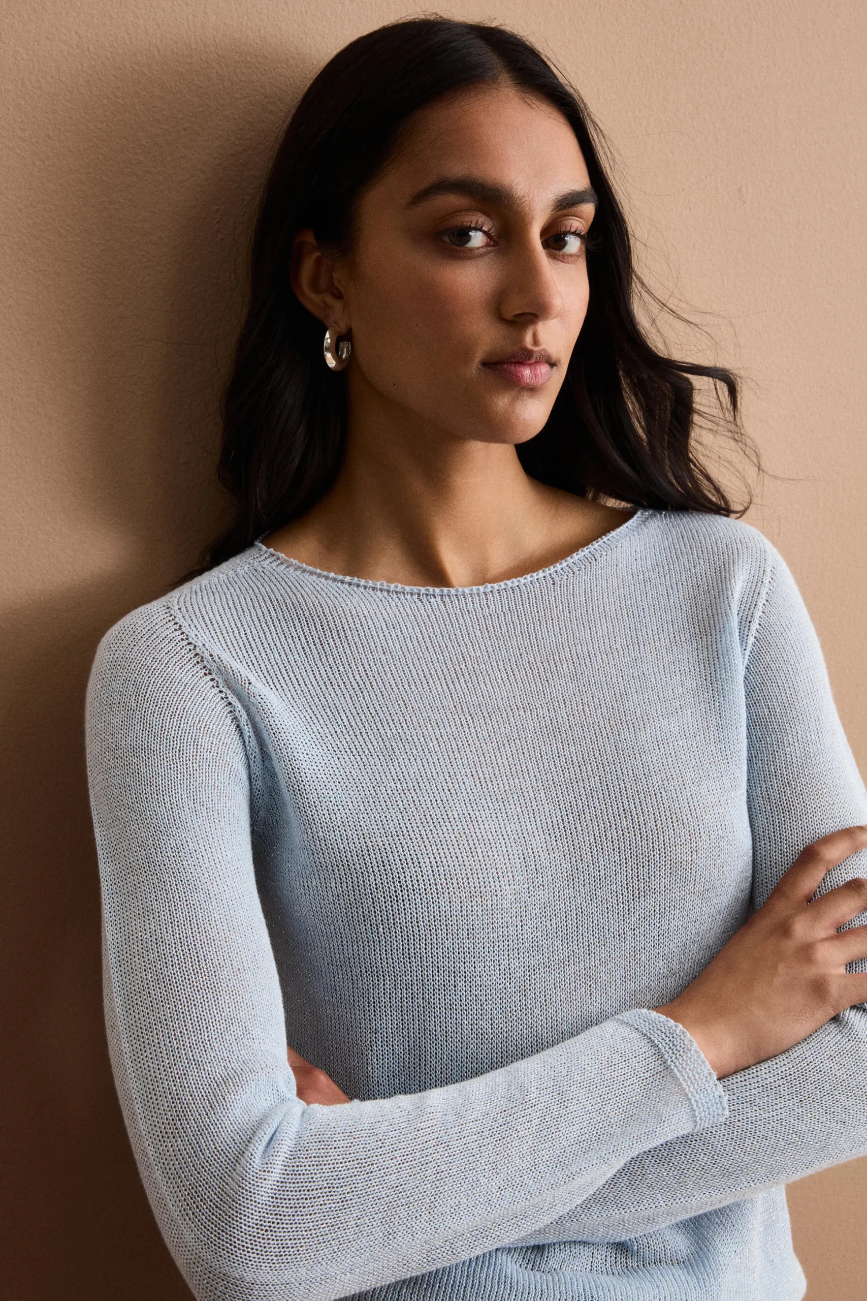 Maglia Lurex in Cotone con Scollo Barchetta - AZZURRO