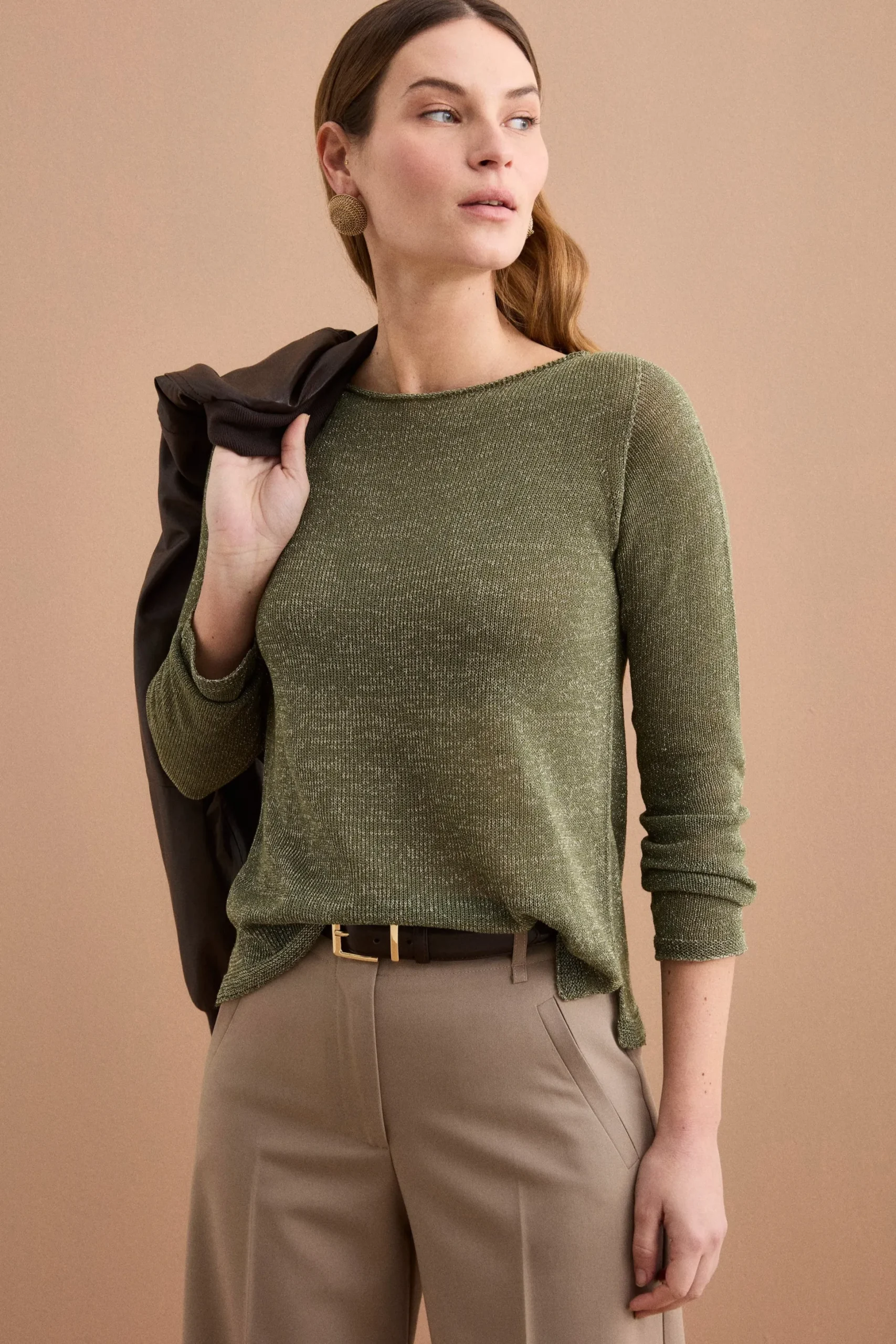Maglia Lurex in Cotone con Scollo Barchetta - VERDE MILITARE