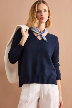 Maglia Scollo a V con Dettagli a Costine - NAVY