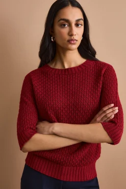 Maglia Traforata in Cotone con Scollo Barchetta - BORDEAUX CHIARO
