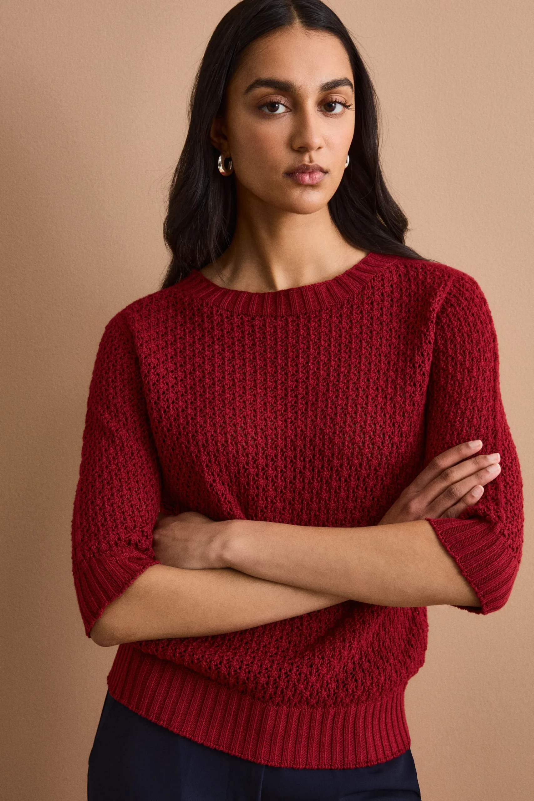 Maglia Traforata in Cotone con Scollo Barchetta - BORDEAUX CHIARO
