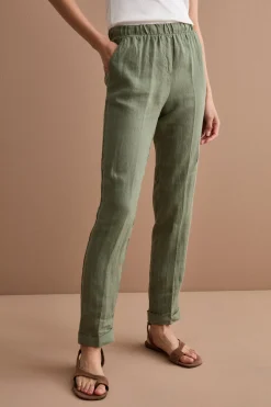 Pantalone a Sigaretta in Lino con Risvolto - VERDE MILITARE