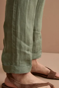 Pantalone a Sigaretta in Lino con Risvolto - VERDE MILITARE