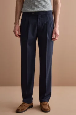 Pantalone Gamba Dritta con Pinces in Misto Lana - BLU