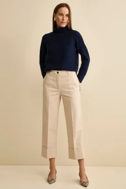 Pantalone Gamba Larga con Pieghe e Risvolto - GESSO