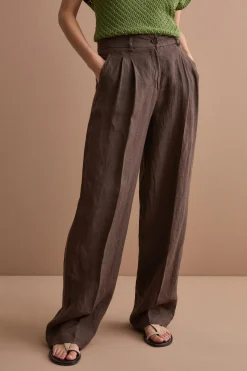 Pantalone Gamba Larga in Lino con Pinces - T.MORO