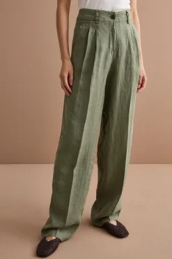 Pantalone Gamba Larga in Lino con Pinces - VERDE MILITARE