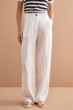 Pantalone Gamba Larga in Lino con Pinces - BIANCO