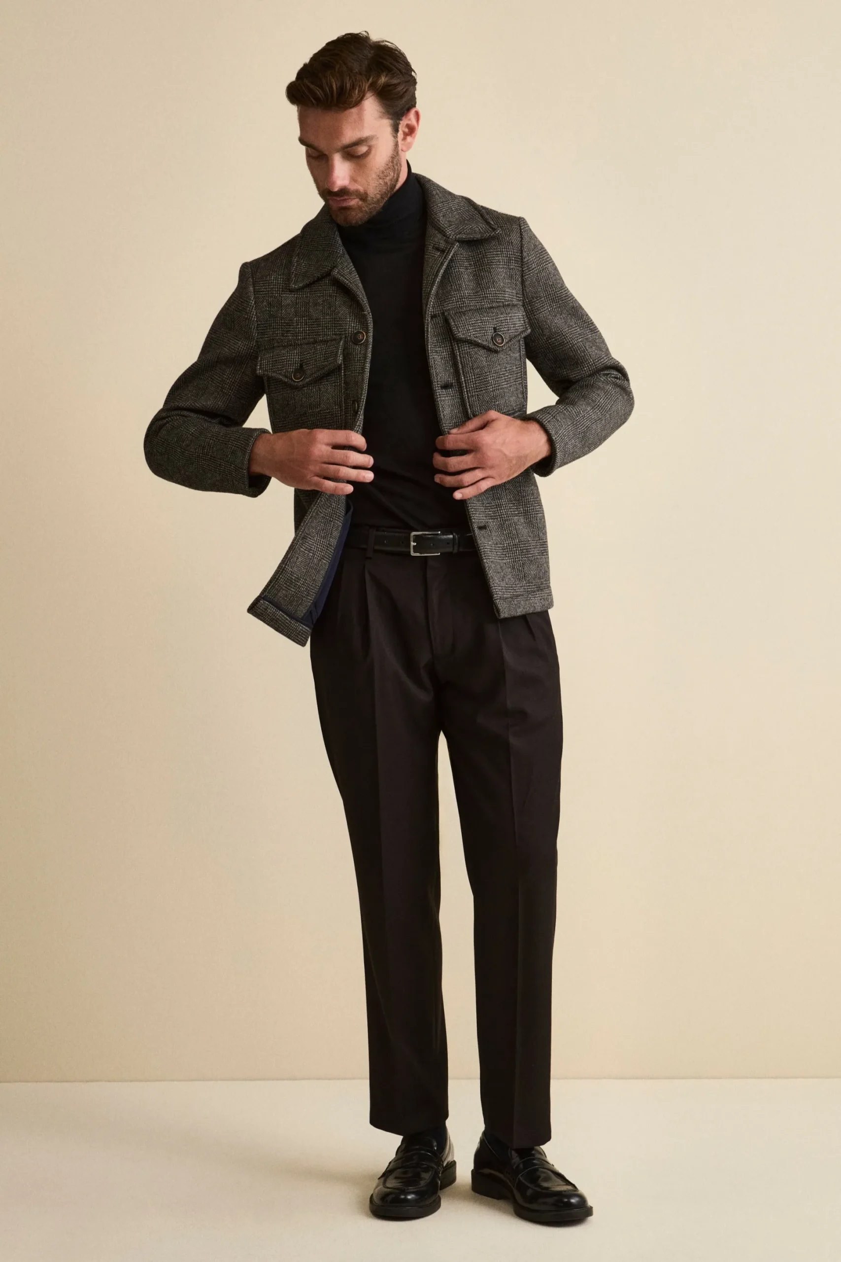 Pantalone Gamba Larga in Misto Lana con Pinces - NERO