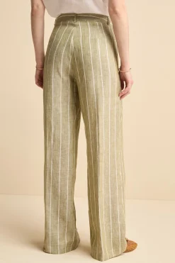Pantalone Morbido Gessato in Lino - VERDE RIGATO