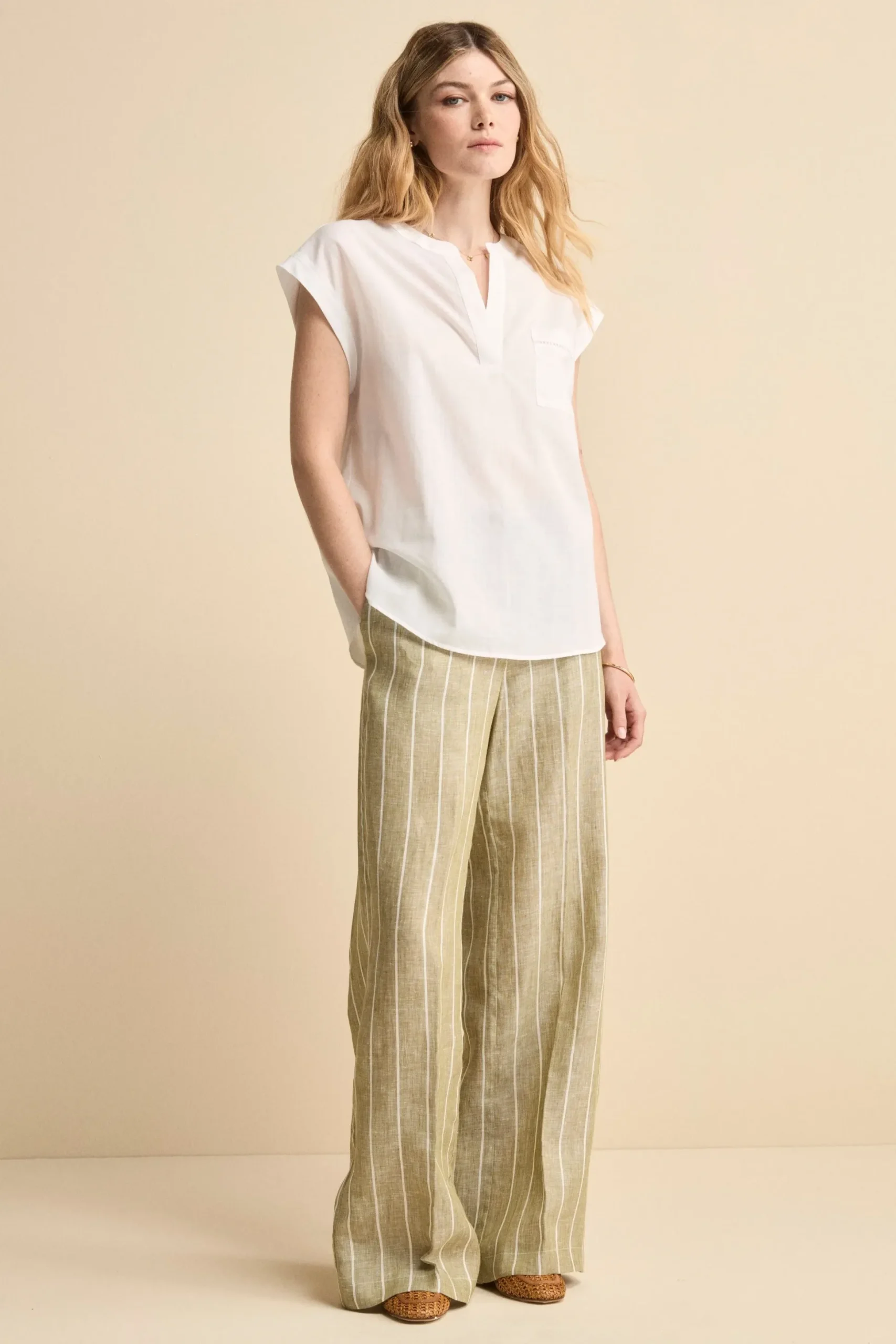 Pantalone Morbido Gessato in Lino - VERDE RIGATO