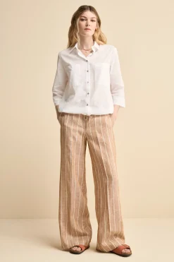 Pantalone Morbido Gessato in Lino - MARRONE RIGATO