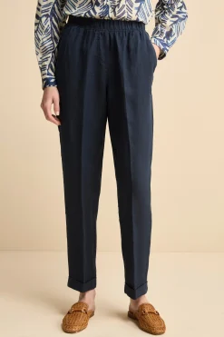 Pantalone Morbido in Lino con Risvolto - BLU
