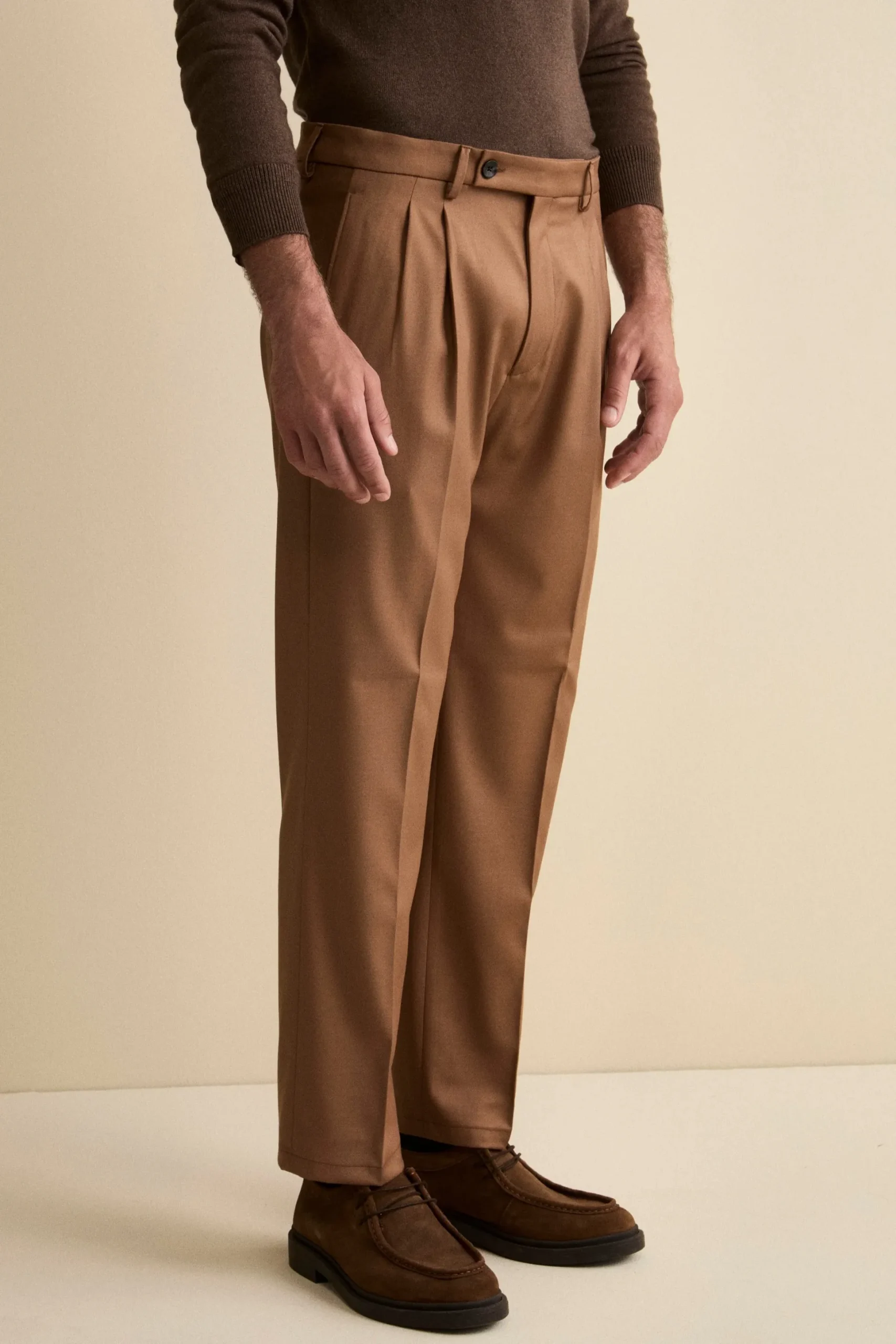 Pantalone Pinces Gamba Larga in Misto Lana - CAMMELLO