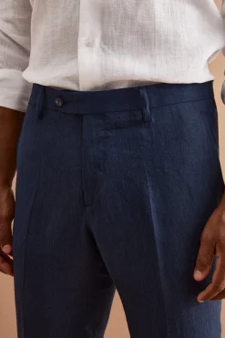 Pantalone Slim Fit in Lino con Pieghe - BLU