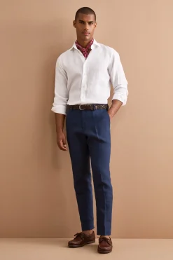 Pantalone Slim Fit in Lino con Pieghe - BLU