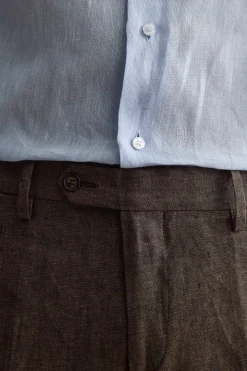 Pantalone Slim Fit in Lino con Pieghe - MARRONE