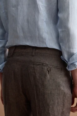 Pantalone Slim Fit in Lino con Pieghe - MARRONE
