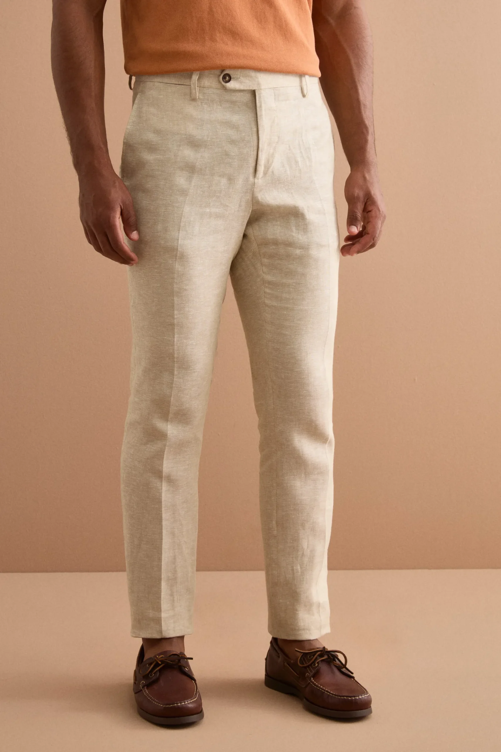 Pantalone Slim Fit in Lino con Pieghe - BEIGE