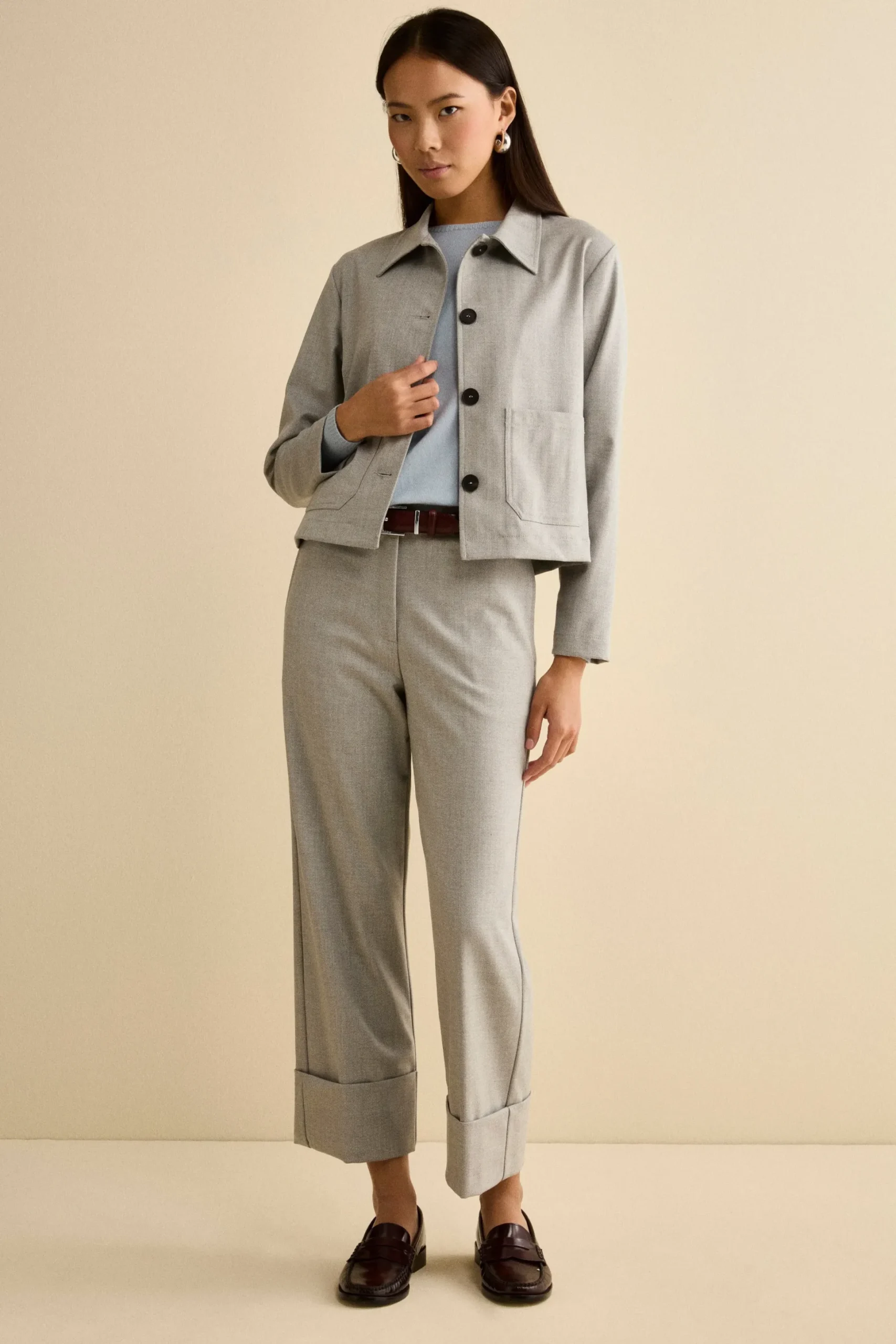 Pantalone Spigato a Gamba Larga con Risvolto - GRIGIO SPIGATO