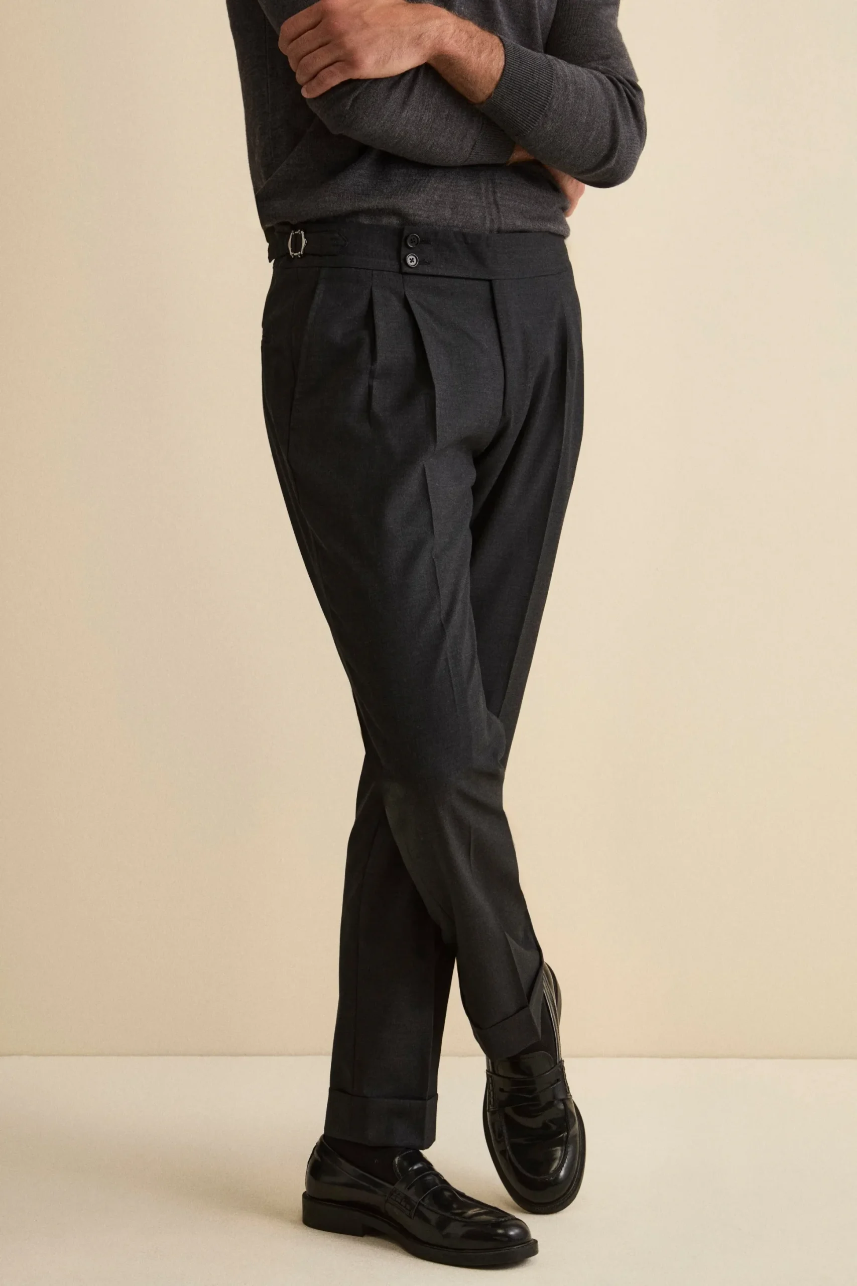 Pantalone Straight in Lana Vergine con Risvolto - ANTRACITE