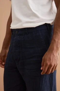 Pantalone Straight in Lino con Tasche e Alamaro - BLU