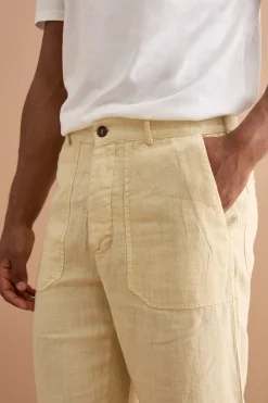 Pantalone Straight in Lino con Tasche e Alamaro - SABBIA