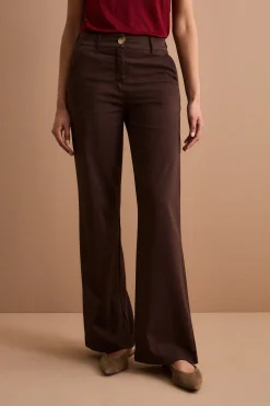 Pantalone Twill Gamba Larga in Misto Cotone - MARRONE