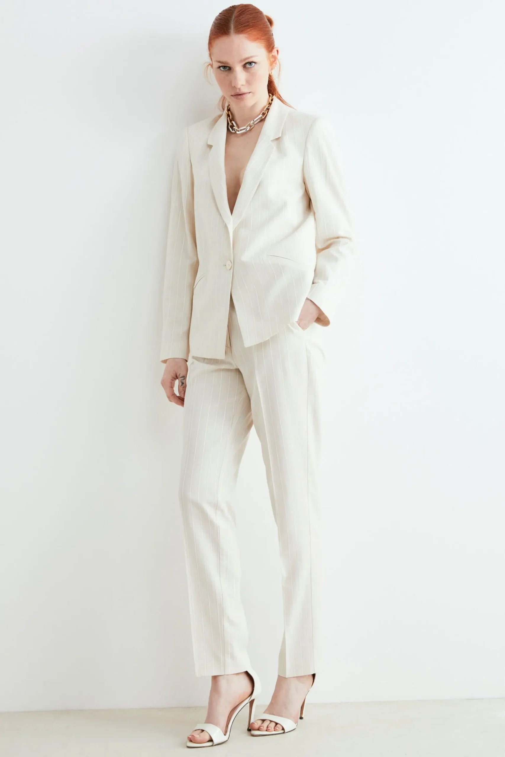 Pantaloni gessati in lurex - SABBIA
